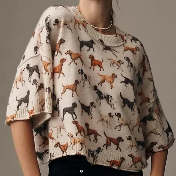 Anthropologie The Goldie Crew-Neck Cashmere Sweater Dog Dogs Size S NWT Puppies - Picture 4 of 6